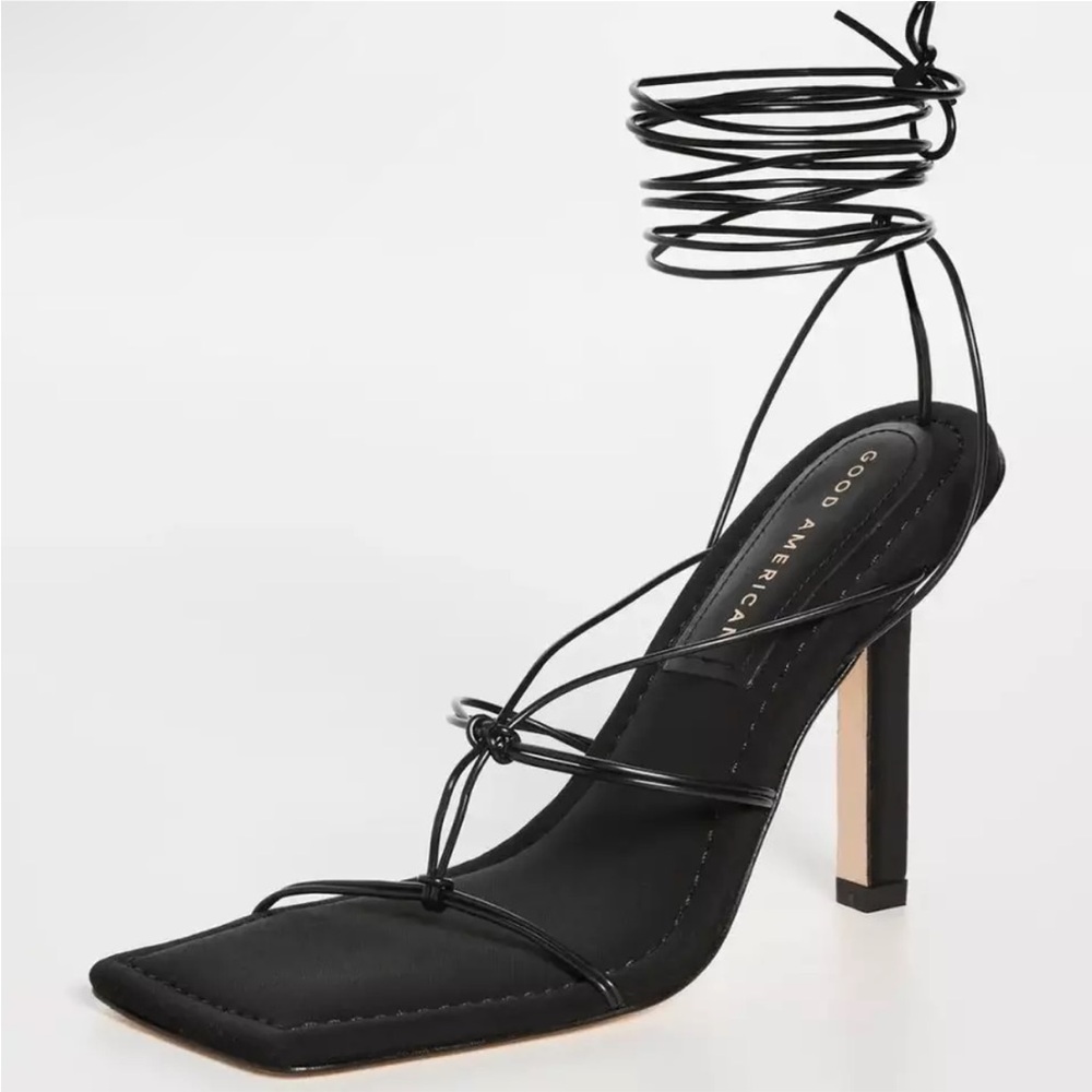 Good American open toe sandals shoes black minimalist wrap sexy heel size 8